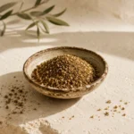 Traditional Jordanian Za'atar Blend in a handcrafted ceramic bowl with olive leaves on natural limestone