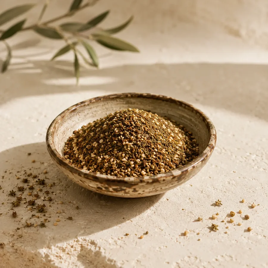 Traditional Jordanian Za'atar Blend in a handcrafted ceramic bowl with olive leaves on natural limestone