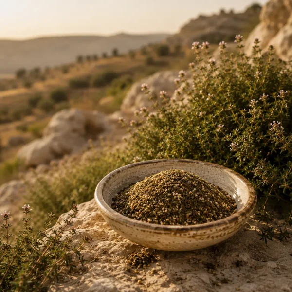 Traditional Jordanian Za'atar Blend with wild thyme growing on a sunlit Levant hillside