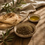Traditional Jordanian Za'atar Blend presented with flatbread and olive oil in an authentic Levant hospitality scene