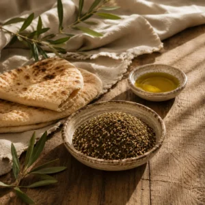 Traditional Jordanian Za'atar Blend presented with flatbread and olive oil in an authentic Levant hospitality scene
