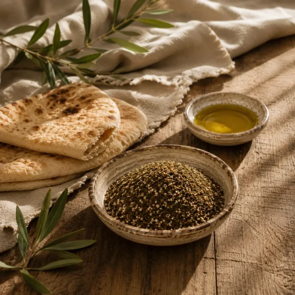 Traditional Jordanian Za'atar Blend presented with flatbread and olive oil in an authentic Levant hospitality scene