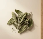 Whole dried sage leaves arranged organically on warm neutral beige surface