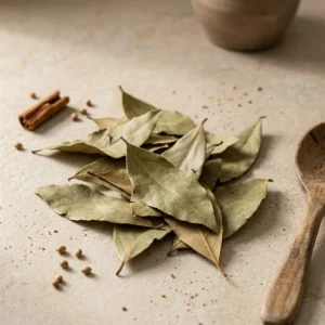 Whole bay leaves with cinnamon stick and coriander seeds on warm stone surface