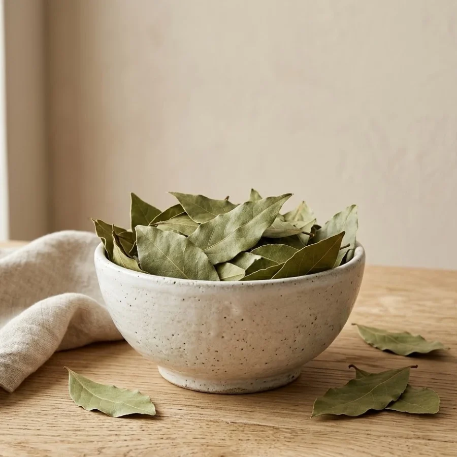 Dried bay leaves in ceramic bowl with sea salt, peppercorns and garlic on oak surface