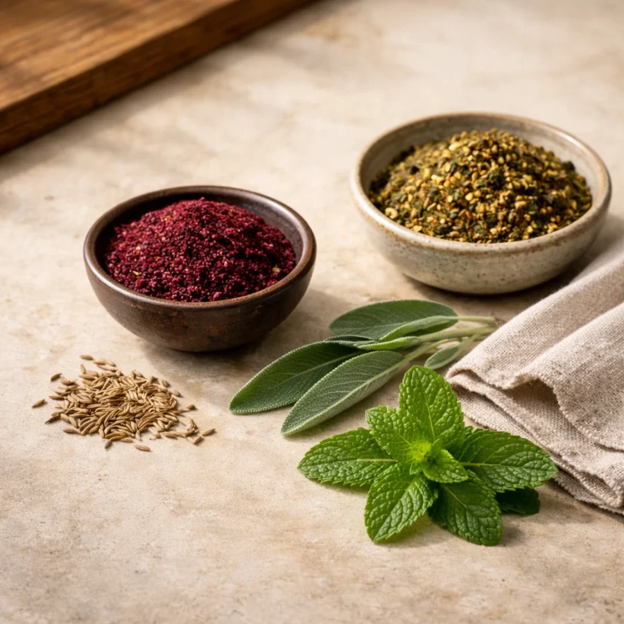levant spices including sumac zaatar cumin mint and sage on warm neutral background