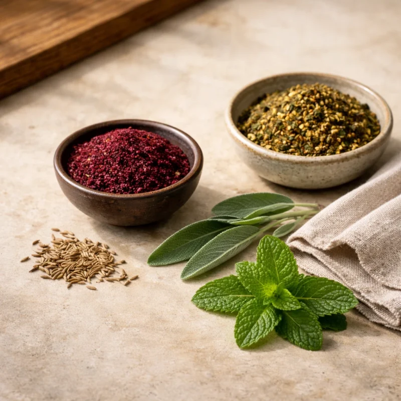 levant spices including sumac zaatar cumin mint and sage on warm neutral background