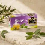 Al Attar Sage Tea box on a warm neutral limestone background with fresh sage leaves and an olive branch, photographed in soft natural daylight for a refined DARLEVANT editorial presentation.