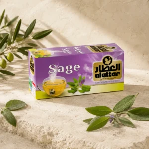 Al Attar Sage Tea box on a warm neutral limestone background with fresh sage leaves and an olive branch, photographed in soft natural daylight for a refined DARLEVANT editorial presentation.