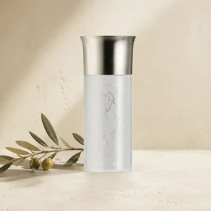 Hero Image: Assaf Aura Eau de Parfum for Men 150ml bottle on a warm neutral limestone background with a delicate olive branch and soft natural daylight.