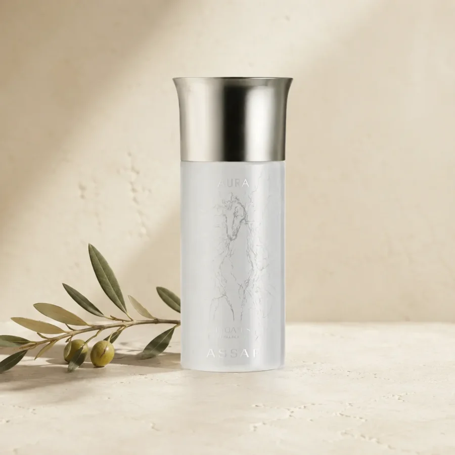 Hero Image: Assaf Aura Eau de Parfum for Men 150ml bottle on a warm neutral limestone background with a delicate olive branch and soft natural daylight.