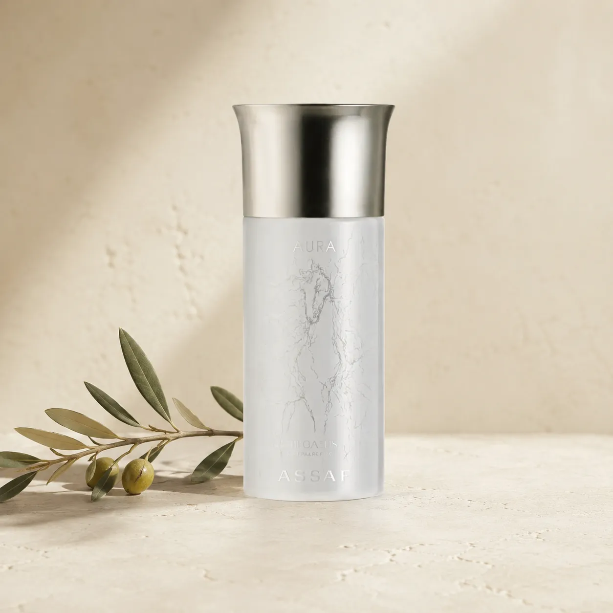 1-assaf-aura-eau-de-parfum-men-150ml-hero Hero Image: Assaf Aura Eau de Parfum for Men 150ml bottle on a warm neutral limestone background with a delicate olive branch and soft natural daylight.