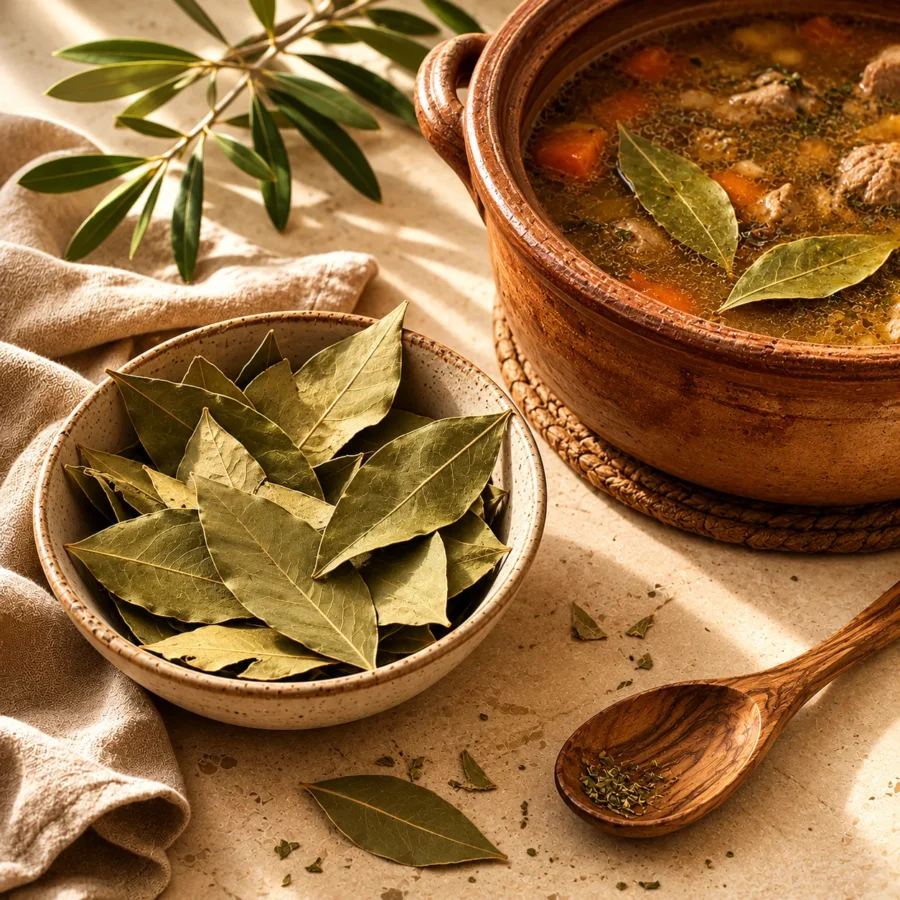 Authentic dried bay leaves beside a traditional Levantine broth simmering in a handcrafted clay pot with an olive wood spoon, natural linen, and olive branches in a warm heritage-inspired editorial setting.
