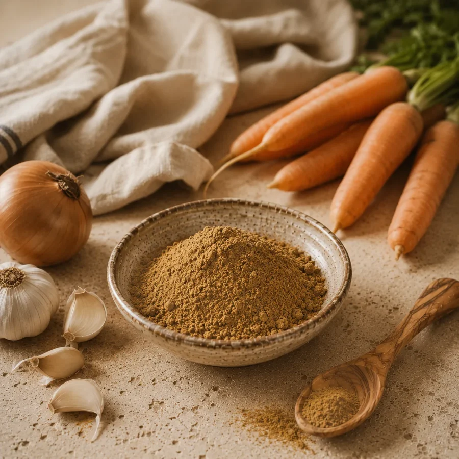 Ultra-fine ground coriander in a handcrafted ceramic bowl with onion, garlic, carrots, an olive wood spoon, and folded natural linen in a warm Levantine kitchen setting.