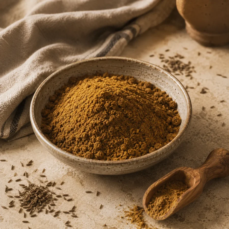 Freshly ground cumin in a handcrafted ceramic bowl with scattered cumin seeds, an olive wood scoop, and folded natural linen on a warm limestone surface in a refined editorial setting.