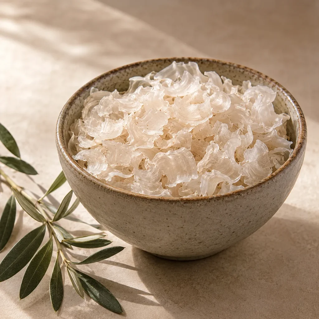 Handcrafted ceramic bowl filled with authentic Kathira flakes displayed in a minimal DARLEVANT hero scene with olive branch and warm natural lighting.