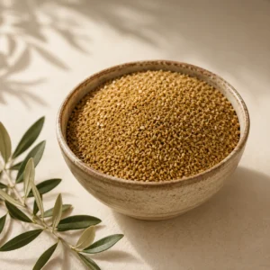 Palestinian Fine Freekeh 750g displayed in a handcrafted ceramic bowl with olive branch accents in a refined DARLEVANT-inspired pantry setting