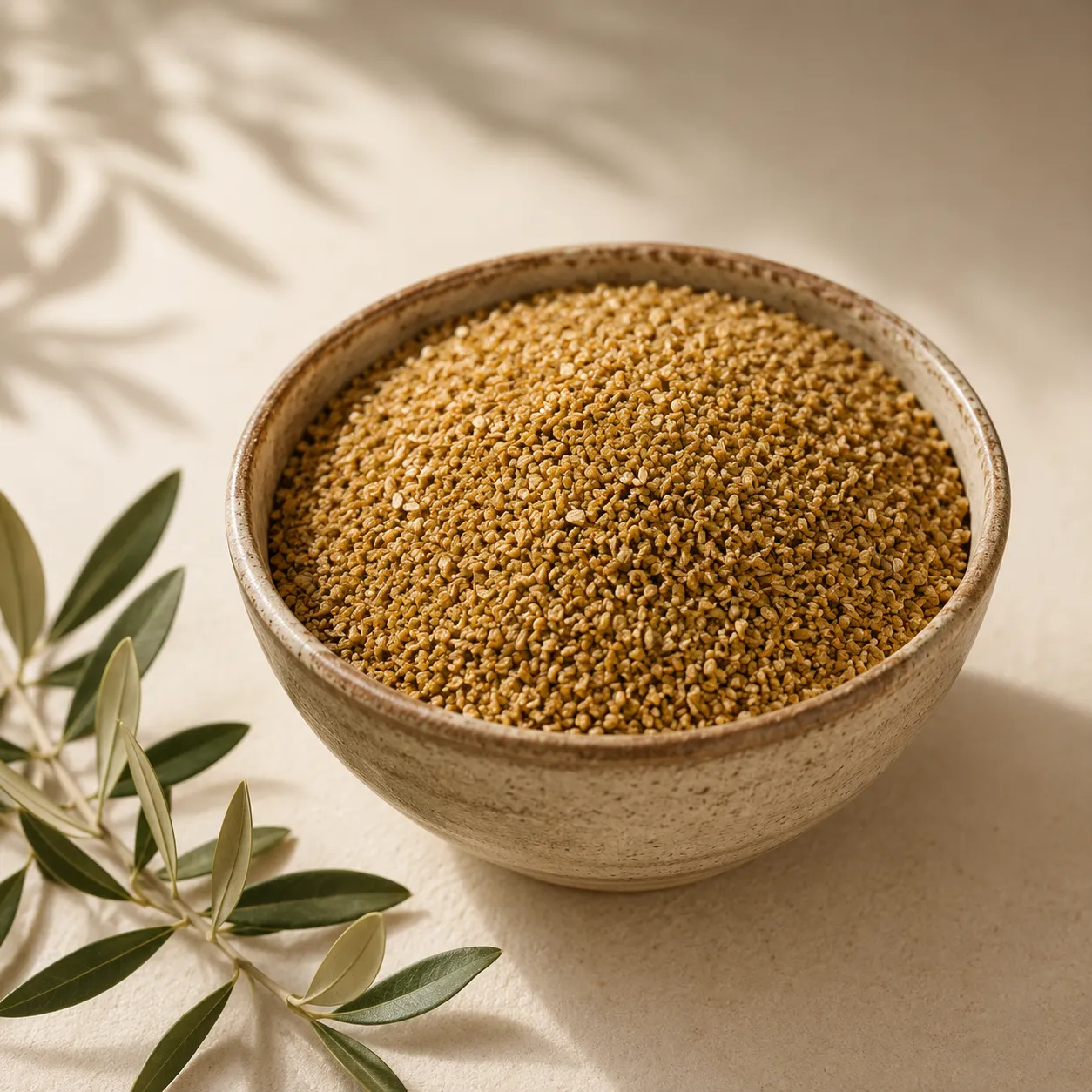1-palestinian-fine-freekeh-750g-hero Palestinian Fine Freekeh 750g displayed in a handcrafted ceramic bowl with olive branch accents in a refined DARLEVANT-inspired pantry setting