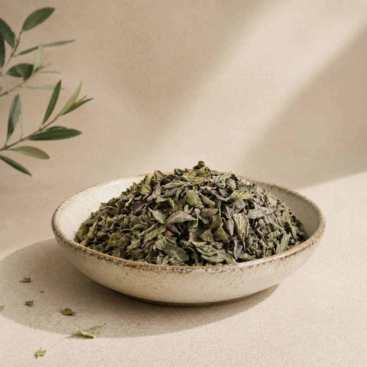 1-premium-baladi-thyme-leaves-250g-hero Premium Baladi Thyme Leaves 250g displayed in an aged white ceramic bowl, featuring authentic dried thyme leaves with natural texture and traditional Levantine character, photographed against a warm neutral DARLEVANT background with soft natural daylight.