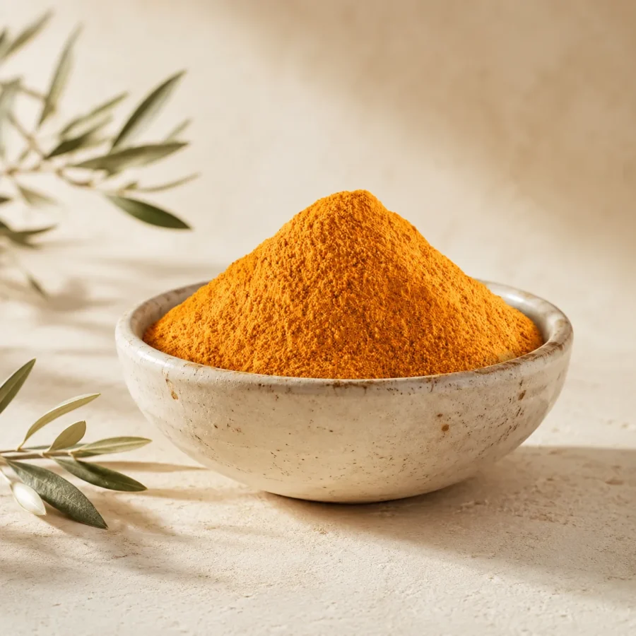 Premium Fine Turmeric Powder 200g in an artisanal white ceramic bowl with a subtle olive branch on a warm neutral background.