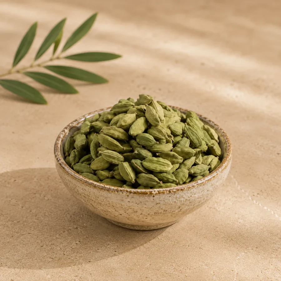 Premium Large Green Cardamom Pods 200g in a handcrafted ceramic bowl