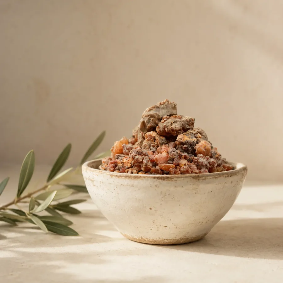 Premium Mar Mecca resin in a handcrafted ceramic bowl with an olive branch on a warm neutral background.
