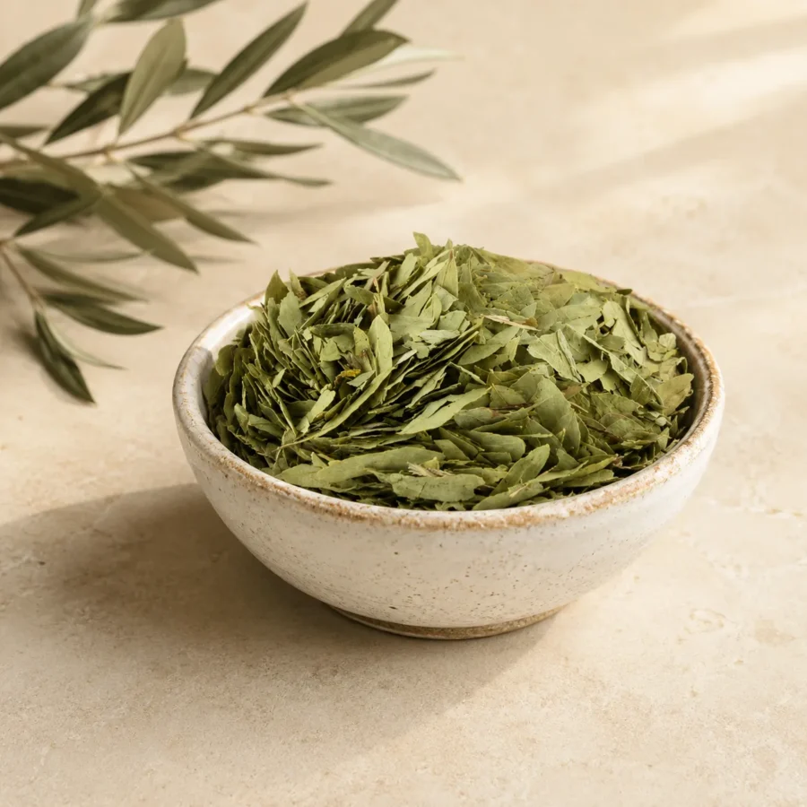 Premium Senna Leaves Herbal Infusion 250g in an artisanal white ceramic bowl with an olive branch on a warm neutral background, showcasing whole senna leaves with natural texture and traditional botanical character.
