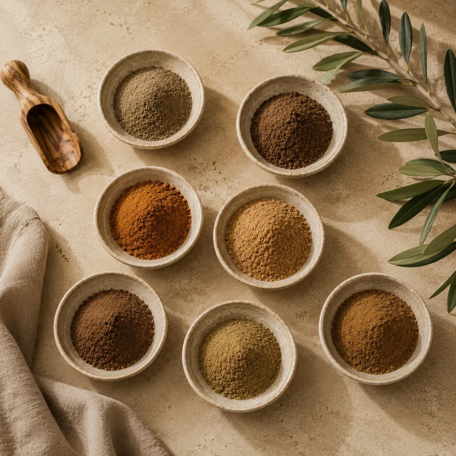 Finely ground black pepper, allspice, cinnamon, nutmeg, cloves, coriander, and cumin arranged in handcrafted ceramic bowls on a warm limestone surface with an olive wood scoop and natural linen.