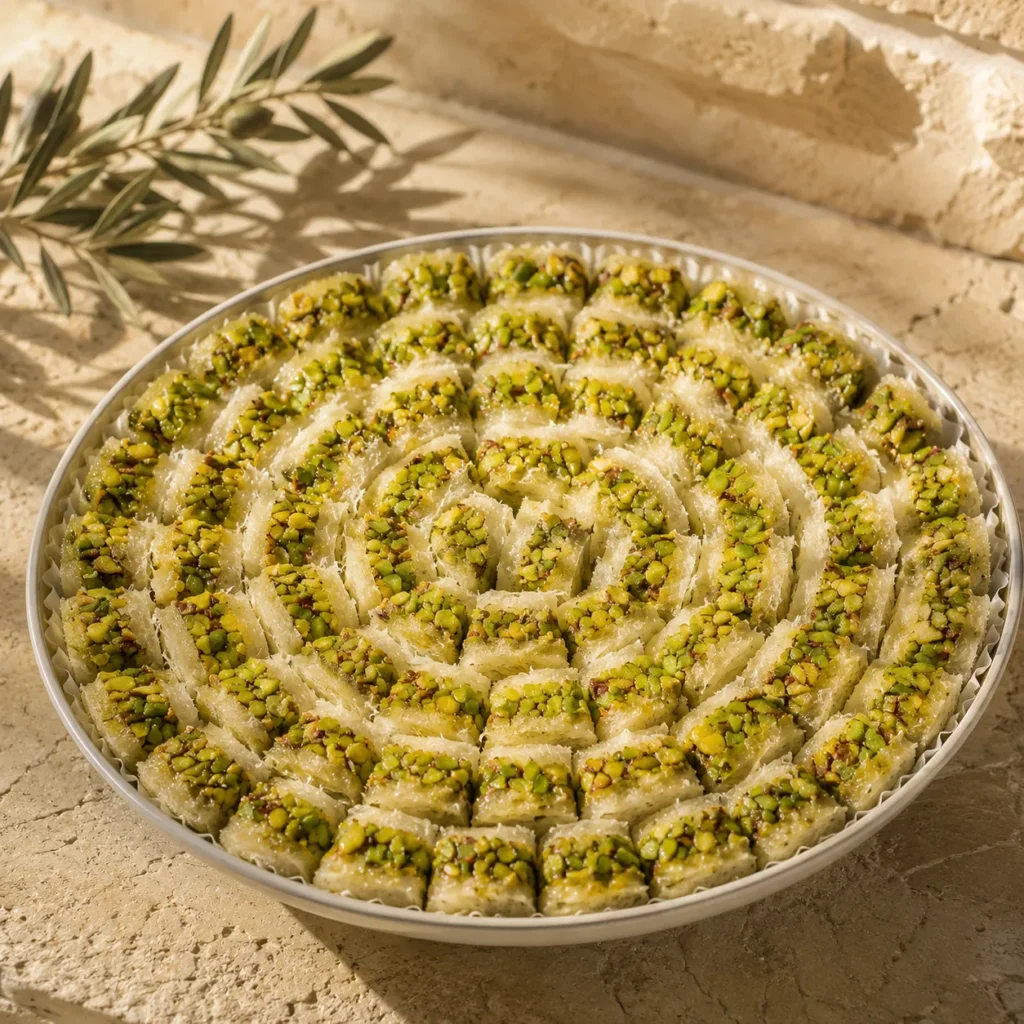 White Ballorieh with Pistachios arranged on an elegant serving tray with a subtle olive branch, photographed in a minimal DARLEVANT hero setting with warm natural daylight.