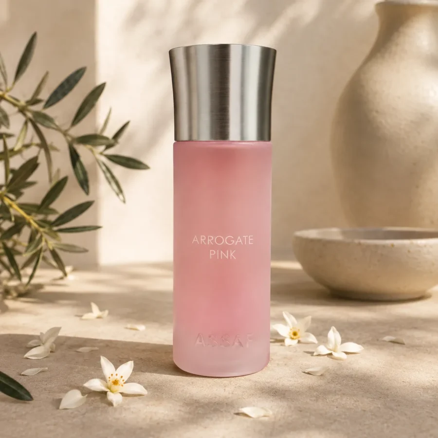 Assaf Arrogate Pink EDP for Women 200ml bottle on warm neutral background with olive branch, ceramic accents, and natural daylight