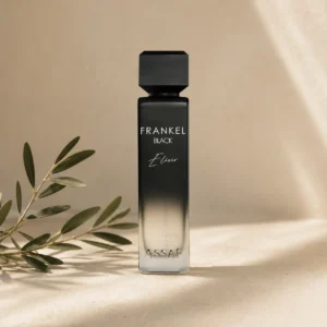 Assaf Frankel Black Elixir EDP for Men 200ml bottle on warm neutral background with ceramic styling and natural daylight