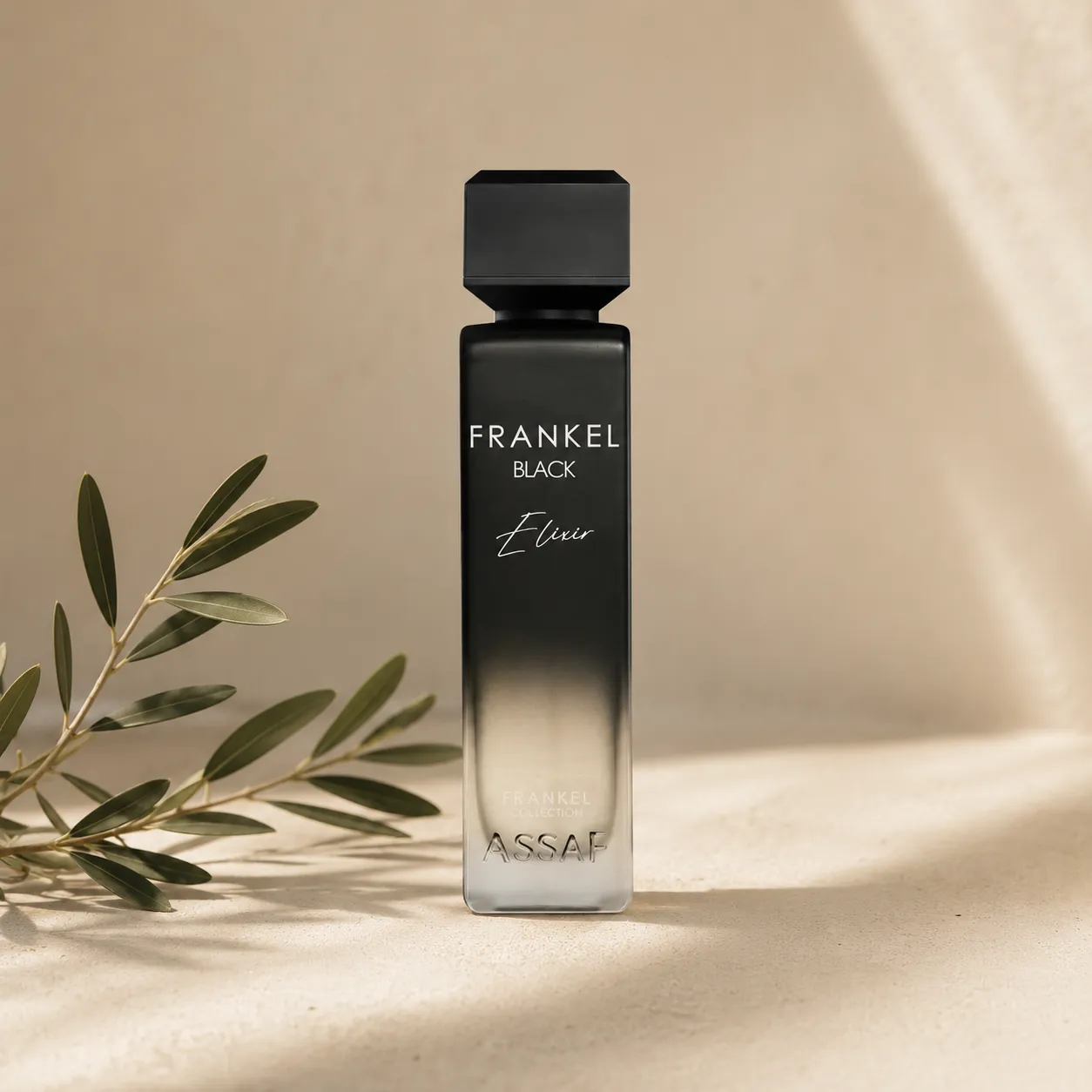 1assaf-frankel-black-elixir-edp-for-men-200ml-hero Assaf Frankel Black Elixir EDP for Men 200ml bottle on warm neutral background with ceramic styling and natural daylight