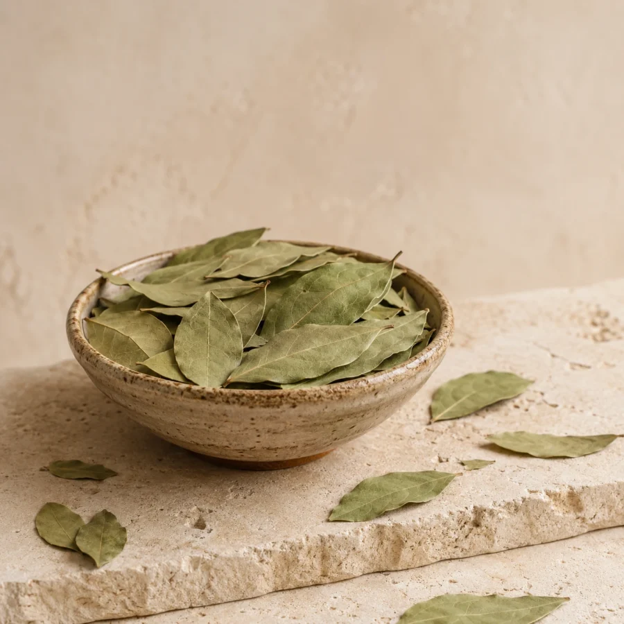 Dried bay leaves presented in a handcrafted ceramic bowl on natural limestone in a refined pantry setting