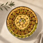 Image 1 – Signature Traditional Levantine assorted Arabic sweets arranged in a round tray with pistachio-filled pastries, photographed in soft natural daylight against a warm neutral background.