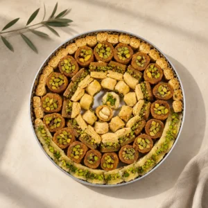 Image 1 – Signature Traditional Levantine assorted Arabic sweets arranged in a round tray with pistachio-filled pastries, photographed in soft natural daylight against a warm neutral background.