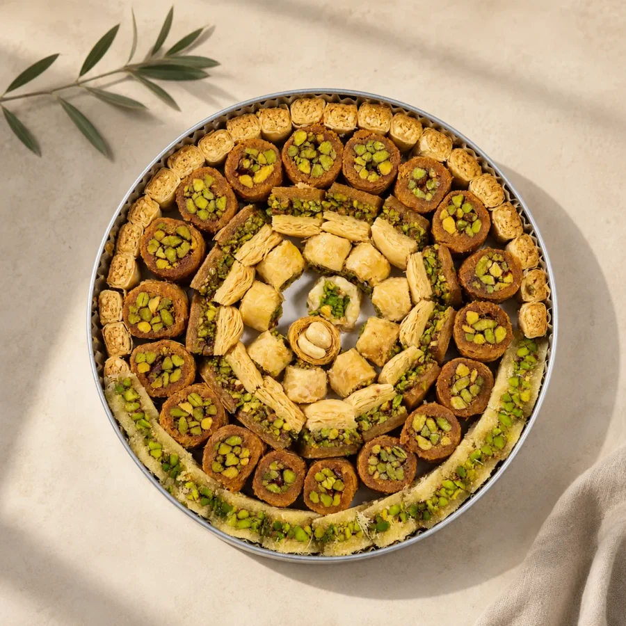 Image 1 – Signature Traditional Levantine assorted Arabic sweets arranged in a round tray with pistachio-filled pastries, photographed in soft natural daylight against a warm neutral background.