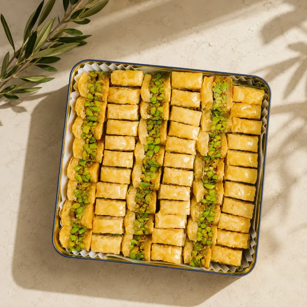 Traditional pistachio baklava fingers arranged in a tray with golden flaky pastry layers and premium pistachio filling on a warm neutral background.