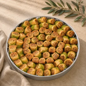 Traditional walnut fingers arranged in a round tray with flaky pastry layers, walnut filling, and soft natural daylight on a warm neutral background.