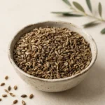 Whole Jordanian anise seeds in a handcrafted ceramic bowl with soft natural daylight and a warm neutral DARLEVANT background.
