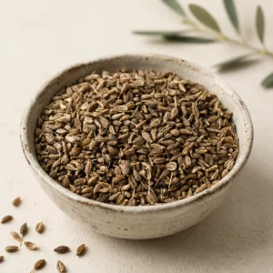 Whole Jordanian anise seeds in a handcrafted ceramic bowl with soft natural daylight and a warm neutral DARLEVANT background.