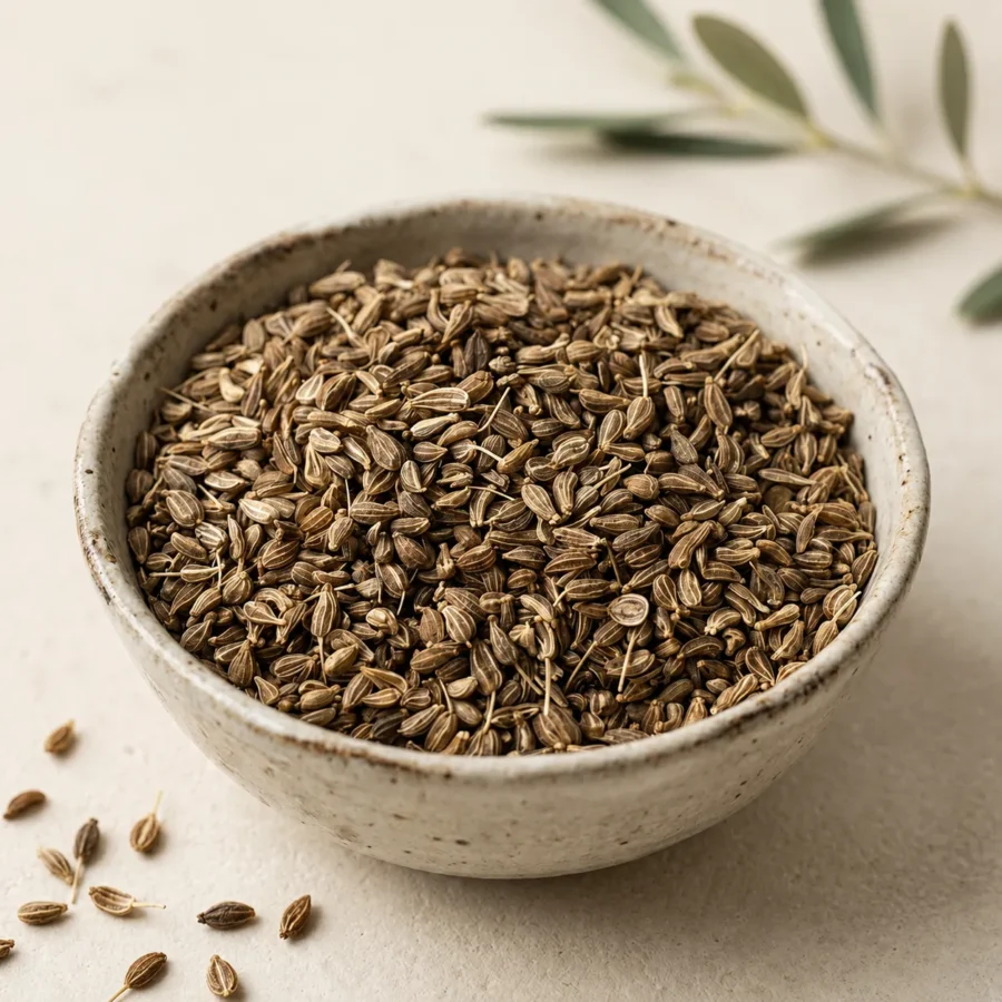 Whole Jordanian anise seeds in a handcrafted ceramic bowl with soft natural daylight and a warm neutral DARLEVANT background.