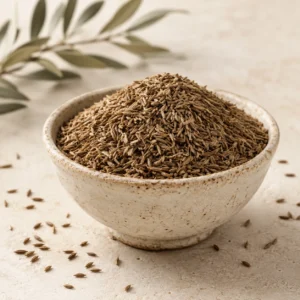 1. Whole Jordanian caraway seeds in a handcrafted ceramic bowl with soft natural daylight and a warm neutral DARLEVANT background.