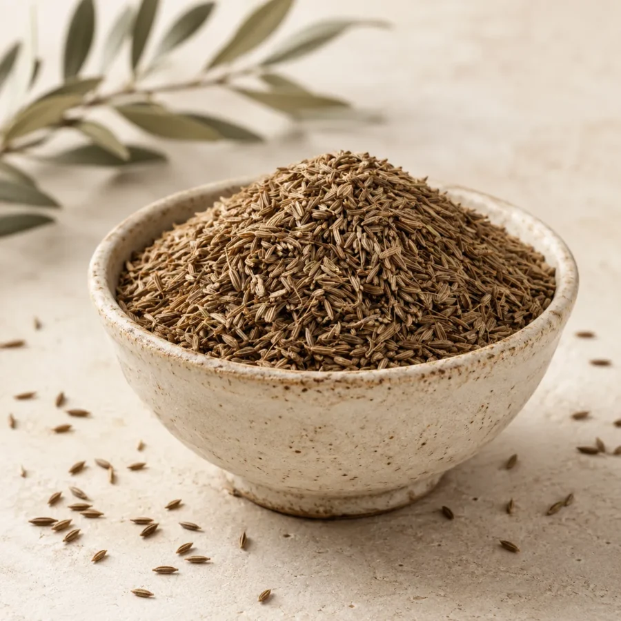 1. Whole Jordanian caraway seeds in a handcrafted ceramic bowl with soft natural daylight and a warm neutral DARLEVANT background.