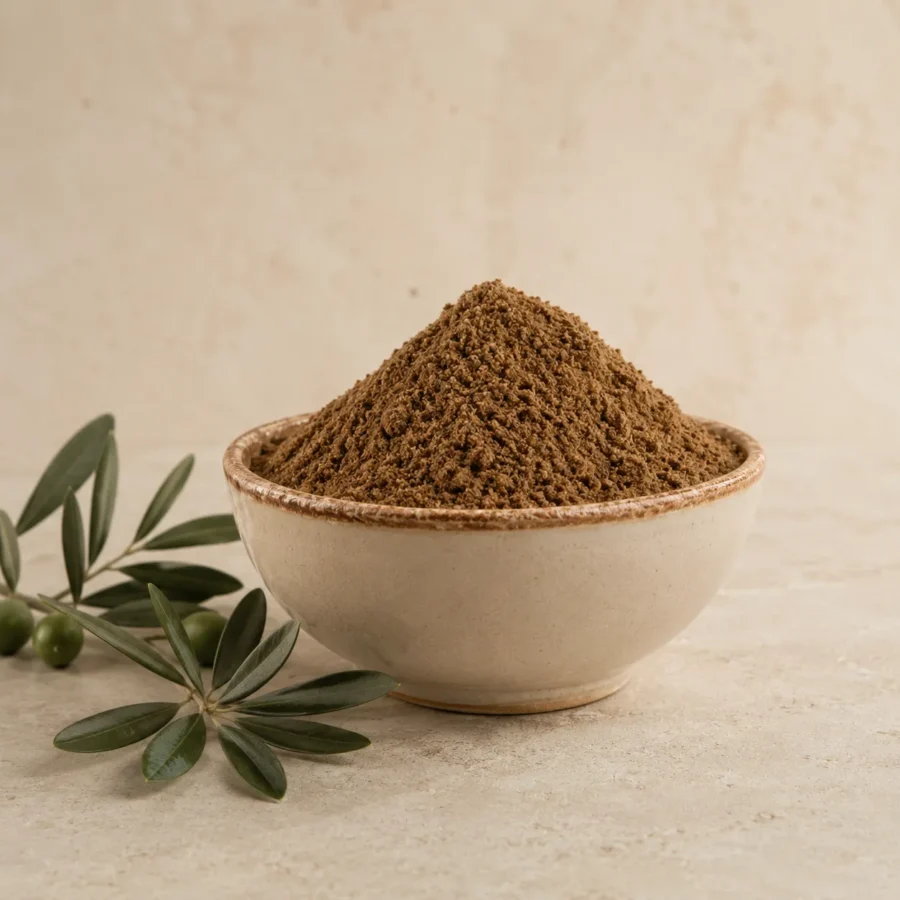 Levantine Seven Spice Blend in a handcrafted ceramic bowl with olive branch accents and warm natural daylight.