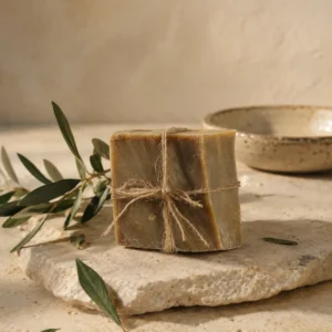 Traditional Oud and Amber Soap handcrafted bar on natural stone with olive branch and ceramic accents in warm daylight