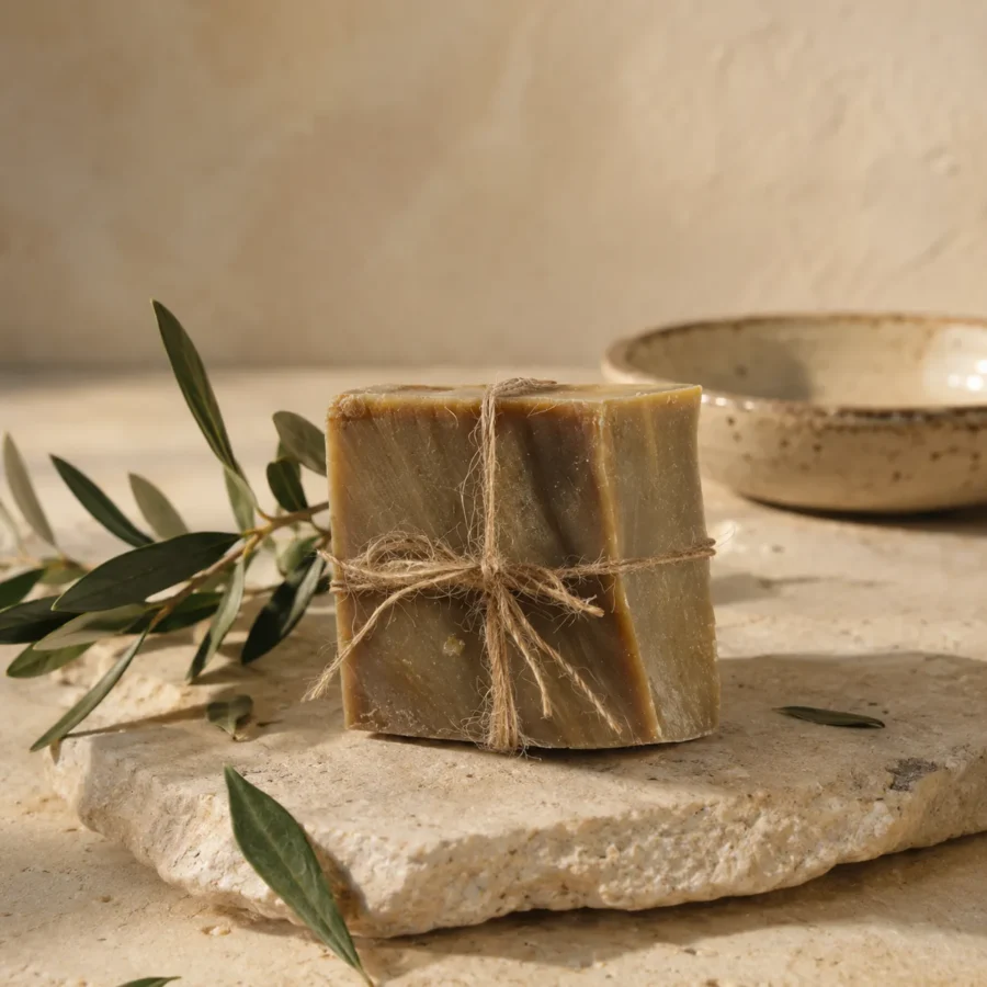Traditional Oud and Amber Soap handcrafted bar on natural stone with olive branch and ceramic accents in warm daylight