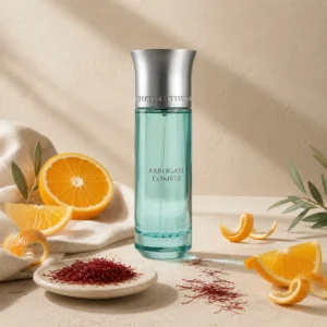 Top Notes Image: Assaf Arrogate Comete Eau de Parfum for Men 200ml with saffron threads, fresh orange slices, orange peel ribbons, ivory linen, and warm limestone textures.