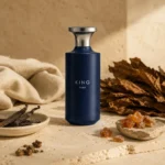 Assaf King Enable Eau de Parfum for Men 150ml surrounded by vanilla pods, amber resin, tobacco leaves, and soft beige linen in a warm editorial setting.