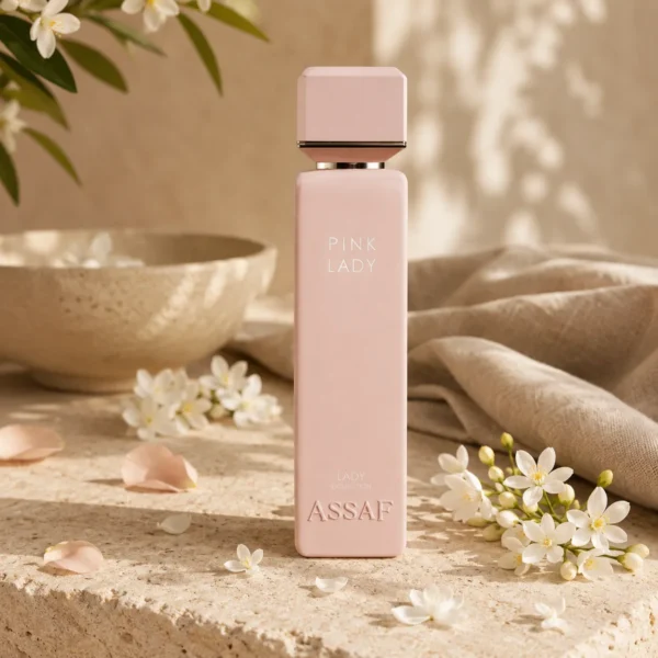 ASSAF Pink Lady Eau de Parfum bottle with jasmine blossoms and orange blossom petals on natural limestone