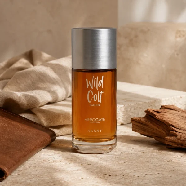 ASSAF Wild Colt Bakhur Eau de Parfum 150ml displayed with leather and cedar wood elements highlighting its warm woody masculine character